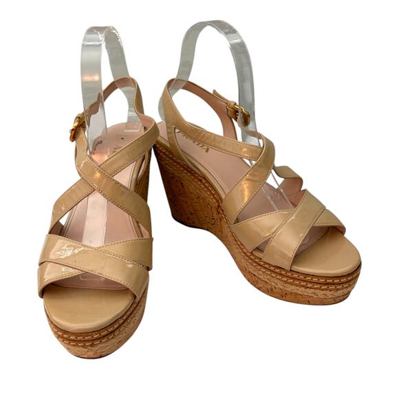 PRADA Vitello Shine Leather and Cork Espadrille Wedge Sandals Tan Size 39 (9) - Picture 1 of 10